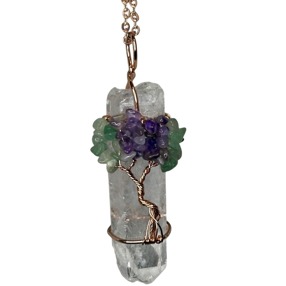 Rose Gold Wire-Wrapped Crystal Tree Pendant Necklace in Purple and Green